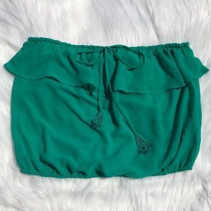 Bebe Green Ruffle Top with Drawstring Tassels